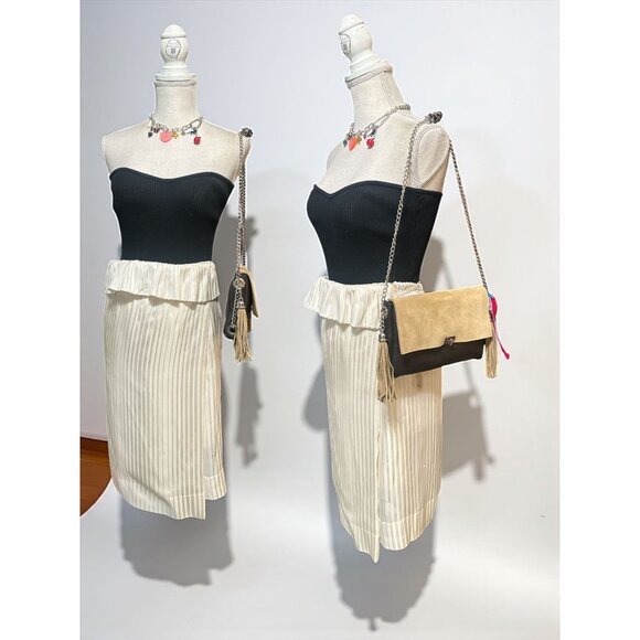 Home-Made Brand Black Pebbled Leather Tan Suede Flap Turn Lock Convertible Bag - Picture 2 of 10